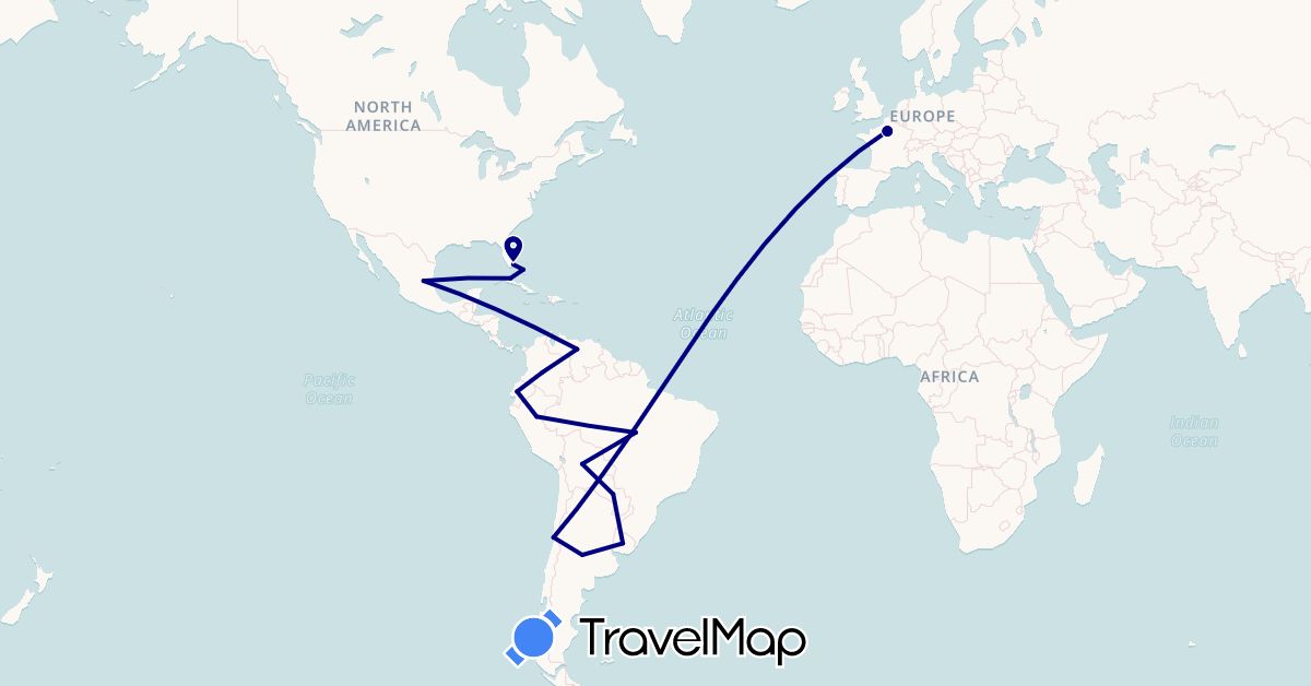 TravelMap itinerary: driving in Argentina, Bolivia, Brazil, Bahamas, Chile, Colombia, Cuba, Ecuador, France, Mexico, Peru, Paraguay, United States, Uruguay, Venezuela (Europe, North America, South America)